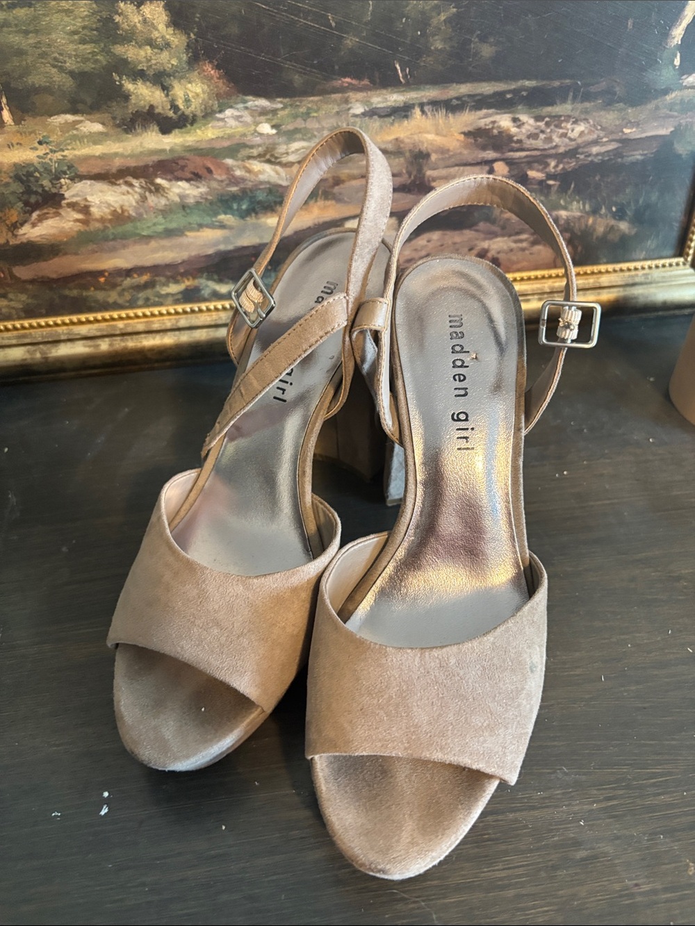 Madden Girl Taupe Suede Open-Toe Slingback Block Heels